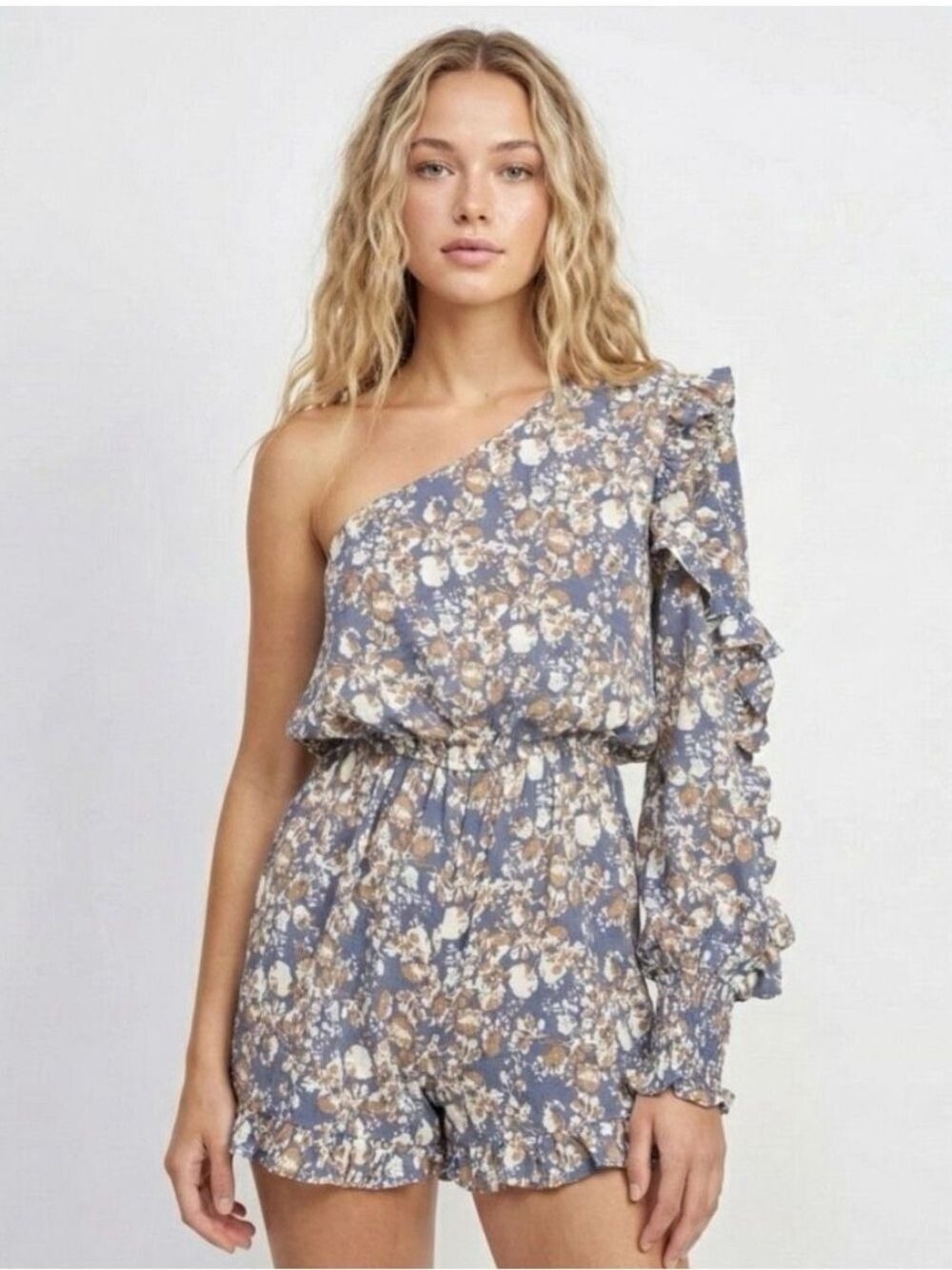 En Saison Floral One Shoulder Romper Ruffle Balloon Sleeve Cottagecore Small NWT